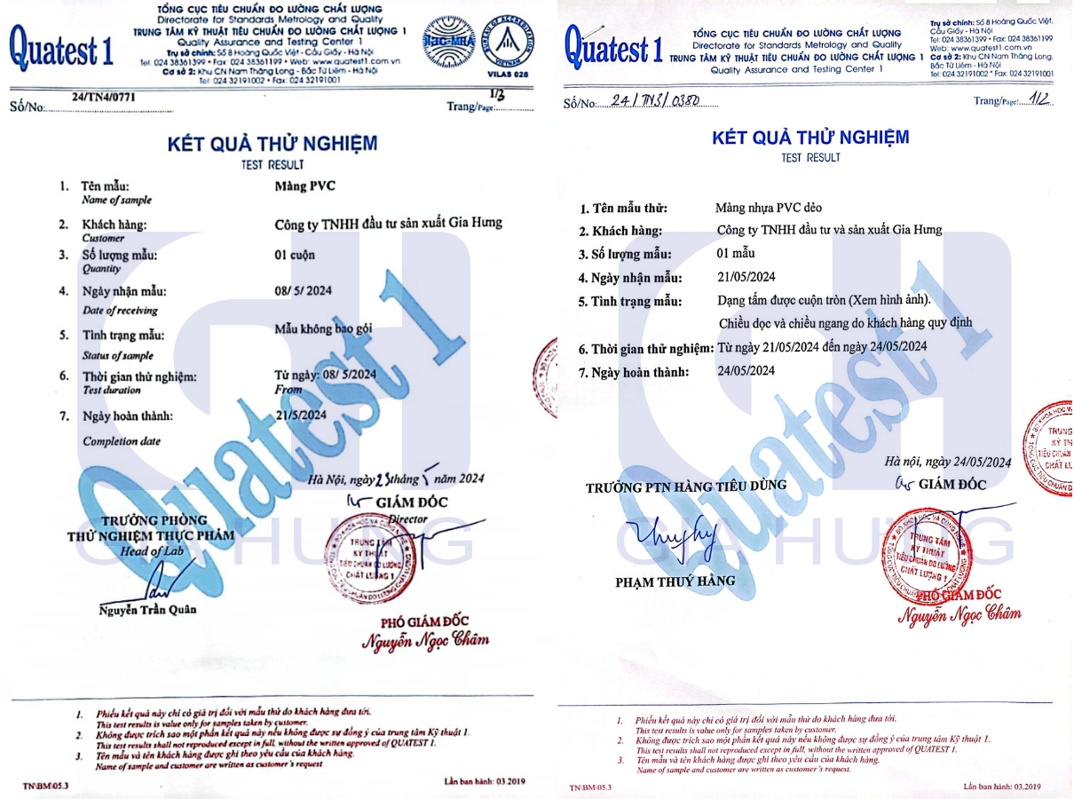 Kết quả kiểm nghiệm Màng nhựa PVC Gia Hưng tại Trung Tâm Kỹ Thuật Tiêu Chuẩn Đo Lường Chất Lượng 1