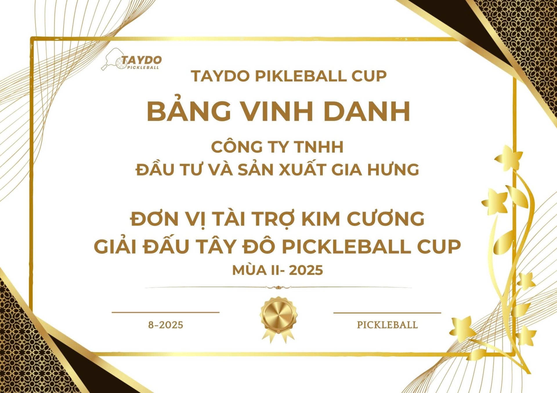 Bảng vinh danh đơn vị tài trợ Kim cương giải Pickleball Taydo Mùa II năm 2025